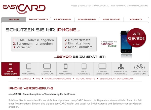Die EasyCard iPhone Versicherung
